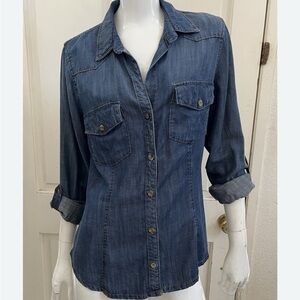 BELLA DAHL Blue Chambray 100% Tencel Denim Shirt w/ Roll-Tab Sleeves